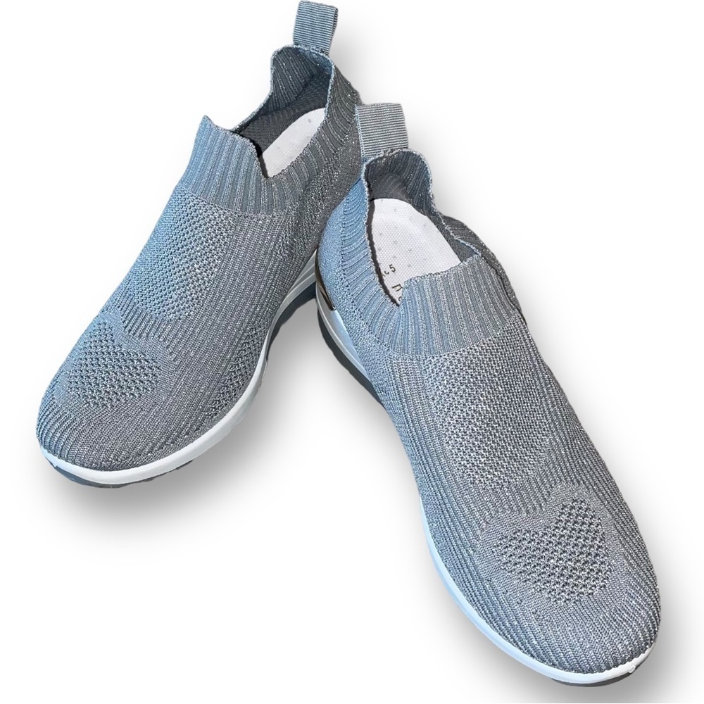 Lurex Textured Knit Slip On Wedge Sneakers - Gray